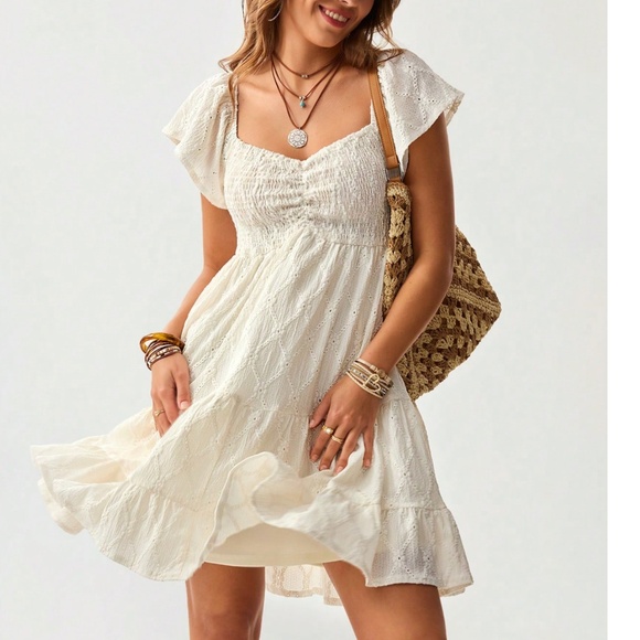 Boho Off White Smocked Short Sleeve Eyelet Dress - Picture 1 of 5